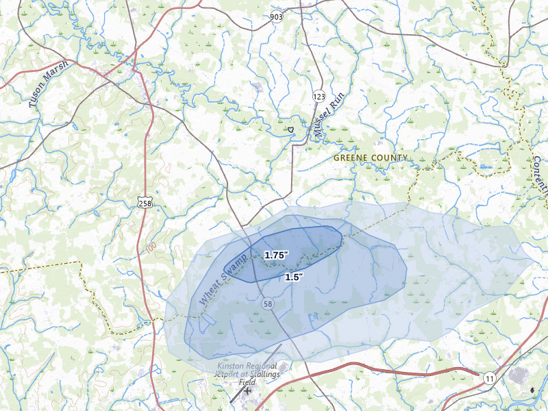 NEXRAD radar-signature map of the hail over Hookerton, NC
