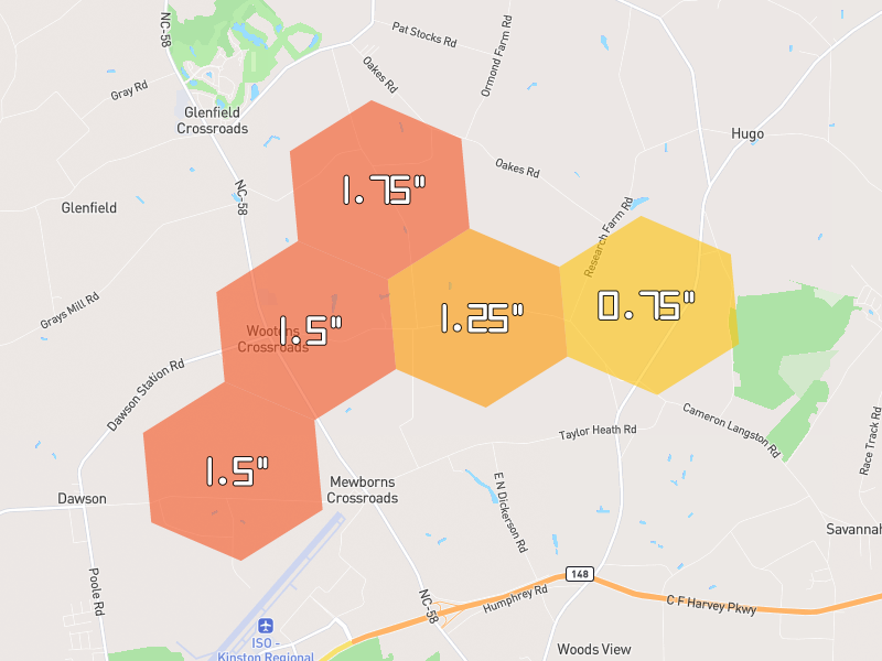 Hail map of Hookerton, NC on Jul 6, 2026, hail up to 1.75"