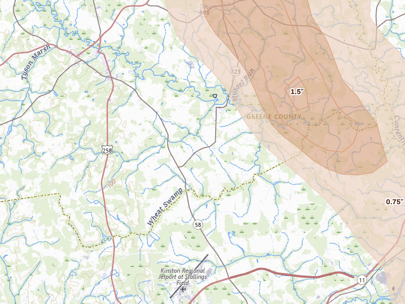 Radar-estimated hail-size map of the storm over Hookerton, NC