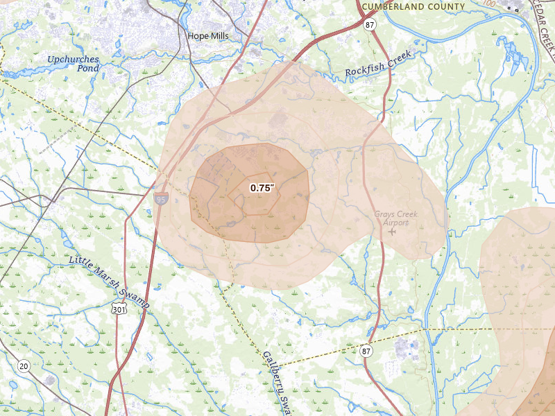 Radar-estimated hail-size map of the storm over Hope Mills, NC on Aug 21, 2026