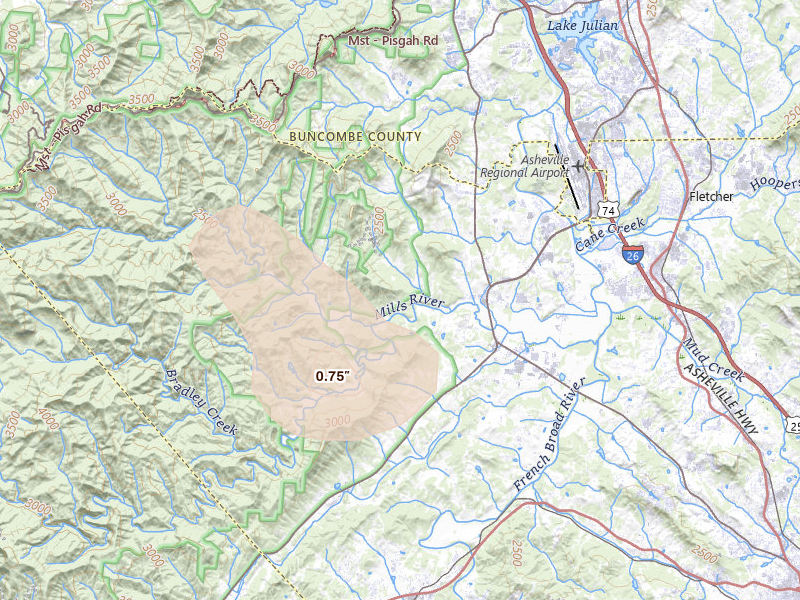 Radar-estimated hail-size map of the storm over Horse Shoe, NC on Aug 20, 2026