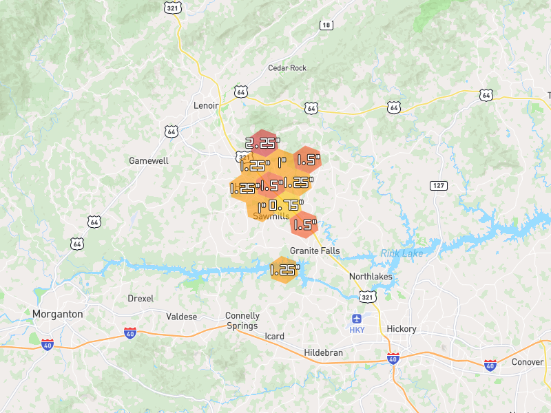 Hail map of Hudson, NC on Jul 4, 2026, hail up to 2.25"