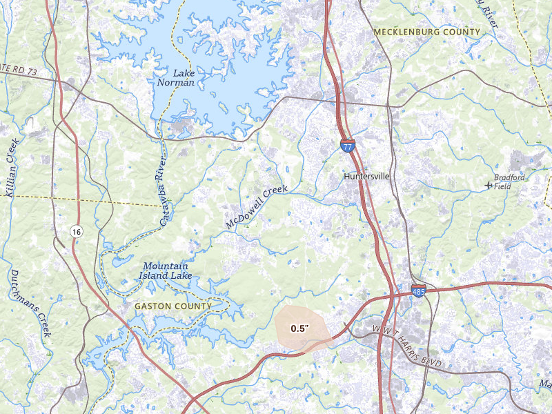 Radar-estimated hail-size map of the storm over Huntersville, NC on Aug 11, 2026