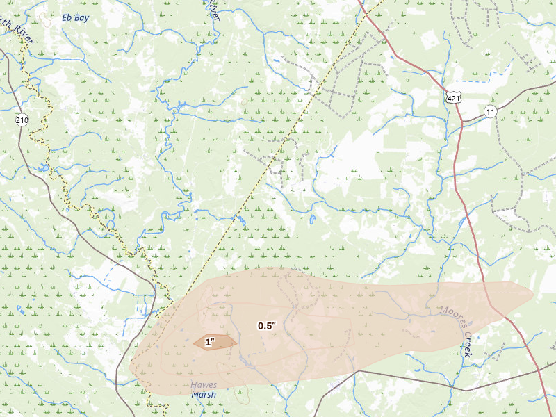 Radar-estimated hail-size map of the storm over Ivanhoe, NC on Mar 8, 2026