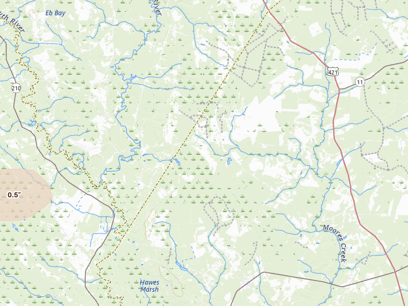 Radar-estimated hail-size map of the storm over Ivanhoe, NC on Jul 5, 2026