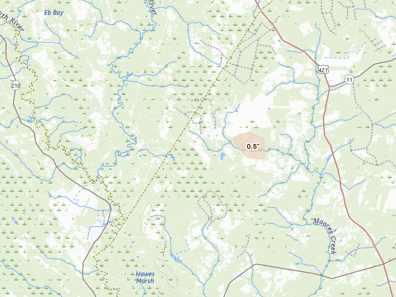 Radar-estimated hail-size map of the storm over Ivanhoe, NC on Aug 16, 2026