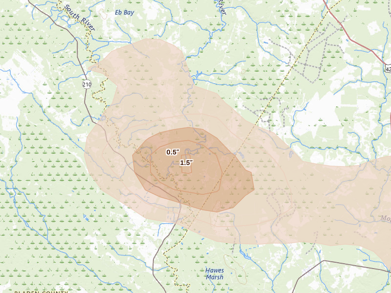 Radar-estimated hail-size map of the storm over Ivanhoe, NC