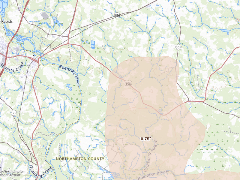 Radar-estimated hail-size map of the storm over Jackson, NC on Sep 4, 2026