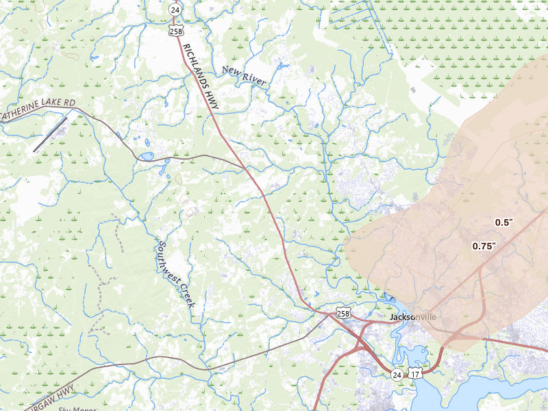 Radar-estimated hail-size map of the storm over Jacksonville, NC on Jun 14, 2026