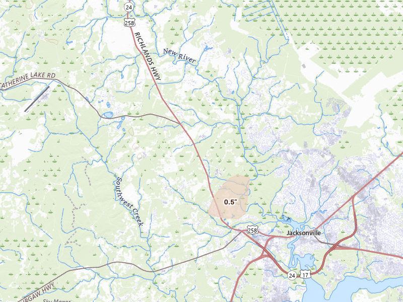 Radar-estimated hail-size map of the storm over Jacksonville, NC on Jun 26, 2026