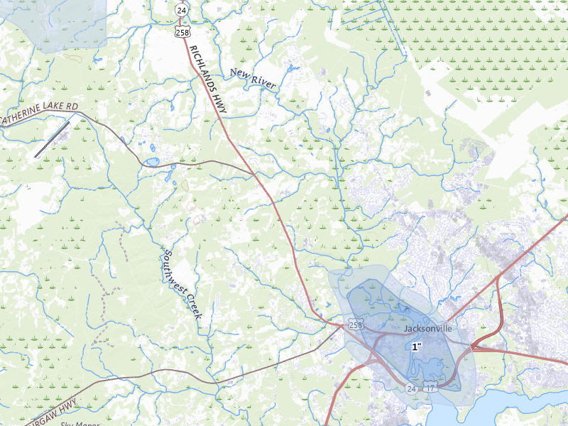 NEXRAD radar-signature map of the hail storm over Jacksonville, NC on Jul 8, 2026