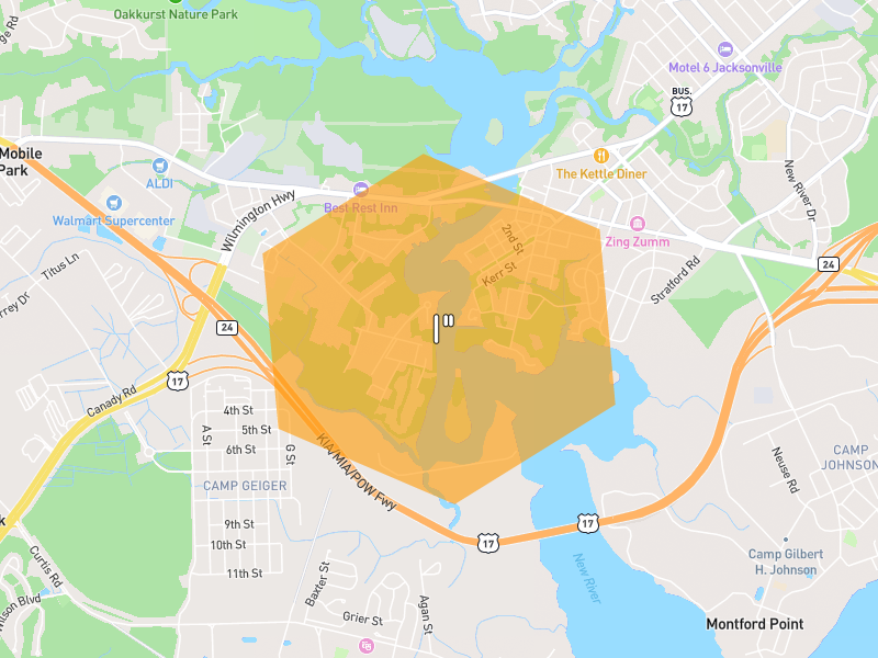 Hail map of Jacksonville, NC on Jul 8, 2026, hail up to 1"