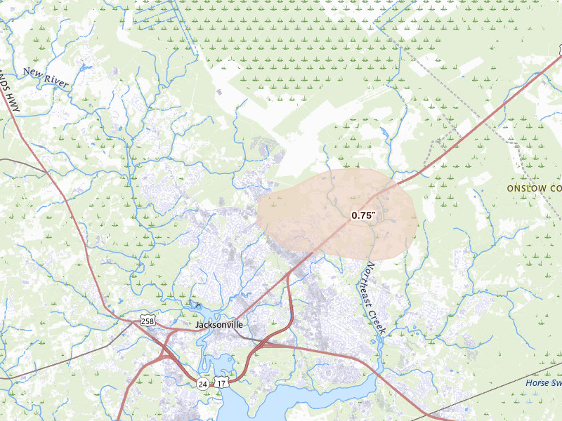 Radar-estimated hail-size map of the storm over Jacksonville, NC on Aug 15, 2026