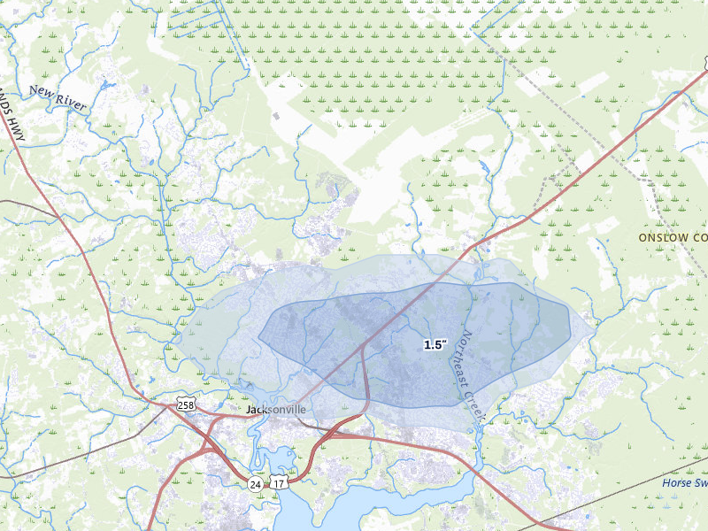 NEXRAD radar-signature map of the hail storm over Jacksonville, NC on Aug 15, 2026