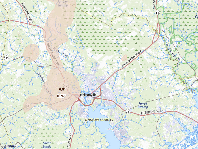 Radar-estimated hail-size map of the storm over Jacksonville, NC on Aug 21, 2026