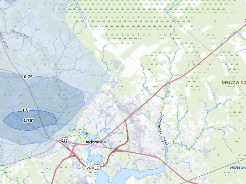 NEXRAD radar-signature map of the hail storm over Jacksonville, NC on Aug 21, 2026