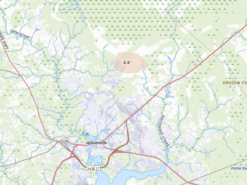 Radar-estimated hail-size map of the storm over Jacksonville, NC on Aug 24, 2026