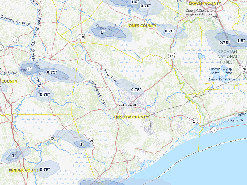 NEXRAD radar-signature map of the hail storm over Jacksonville, NC on Aug 24, 2026