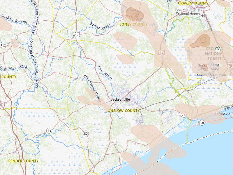 Radar-estimated hail-size map of the storm over Jacksonville, NC