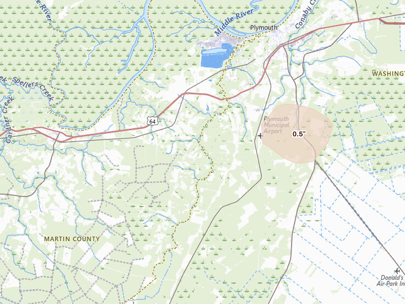 Radar-estimated hail-size map of the storm over Jamesville, NC on Jun 27, 2026