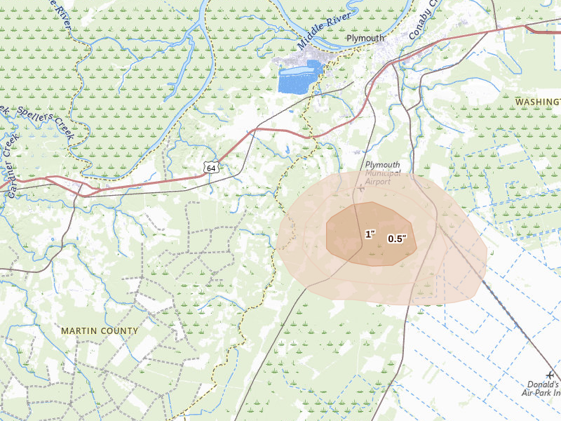Radar-estimated hail-size map of the storm over Jamesville, NC on Jul 6, 2026