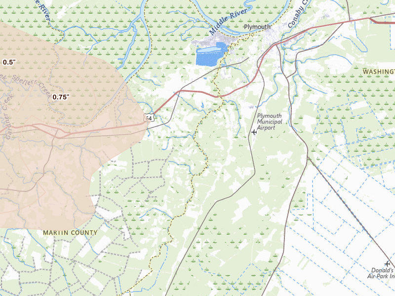 Radar-estimated hail-size map of the storm over Jamesville, NC on Jul 19, 2026