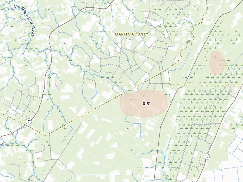 Radar-estimated hail-size map of the storm over Jamesville, NC on Aug 20, 2026