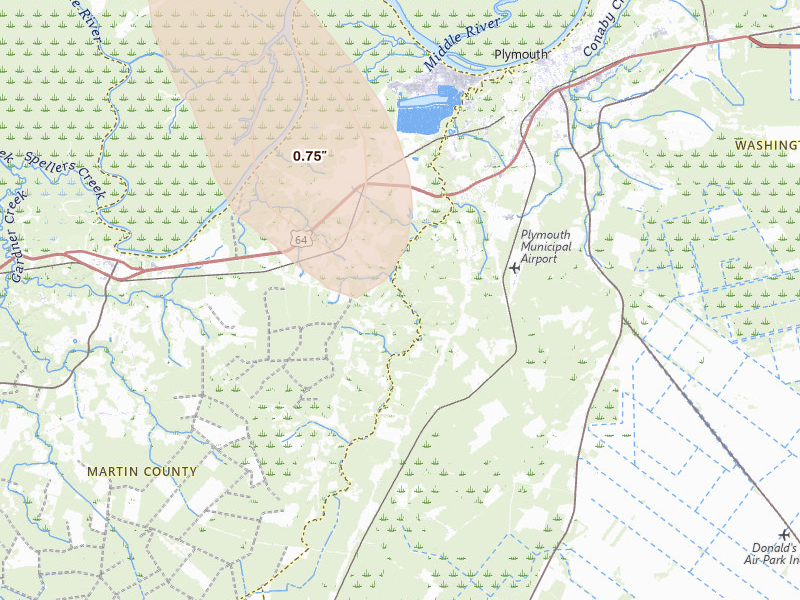 Radar-estimated hail-size map of the storm over Jamesville, NC
