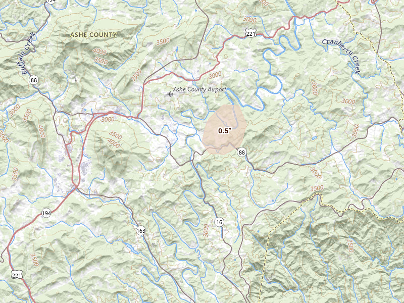 Radar-estimated hail-size map of the storm over Jefferson, NC on Aug 6, 2026