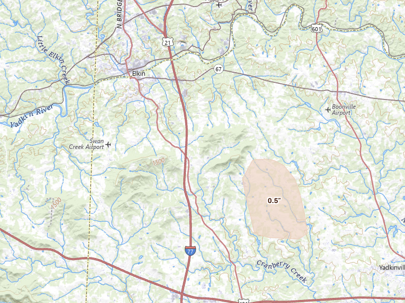 Radar-estimated hail-size map of the storm over Jonesville, NC on Aug 16, 2026