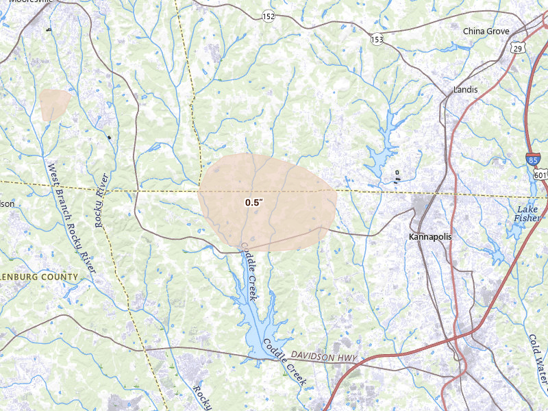 Radar-estimated hail-size map of the storm over Kannapolis, NC on Sep 5, 2026