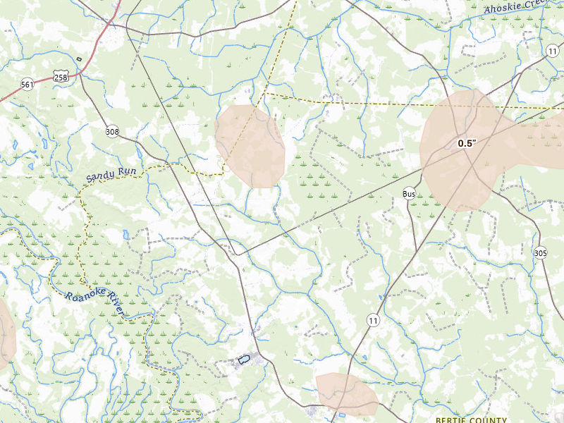 Radar-estimated hail-size map of the storm over Kelford, NC on Jun 12, 2026