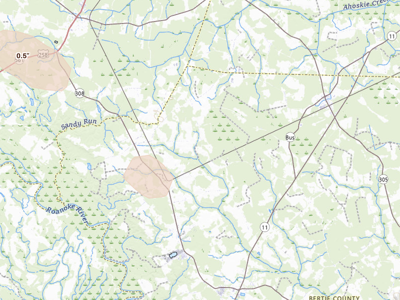 Radar-estimated hail-size map of the storm over Kelford, NC on Jul 8, 2026
