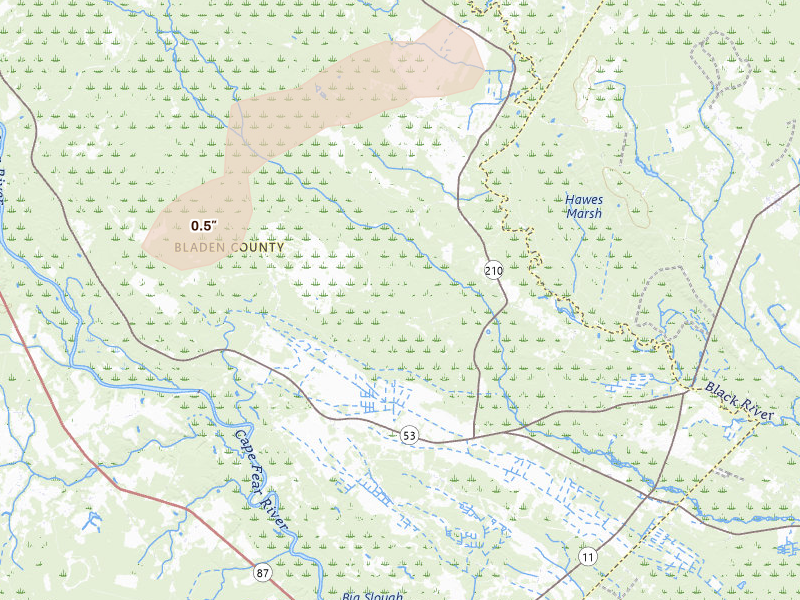 Radar-estimated hail-size map of the storm over Kelly, NC on Jul 20, 2026