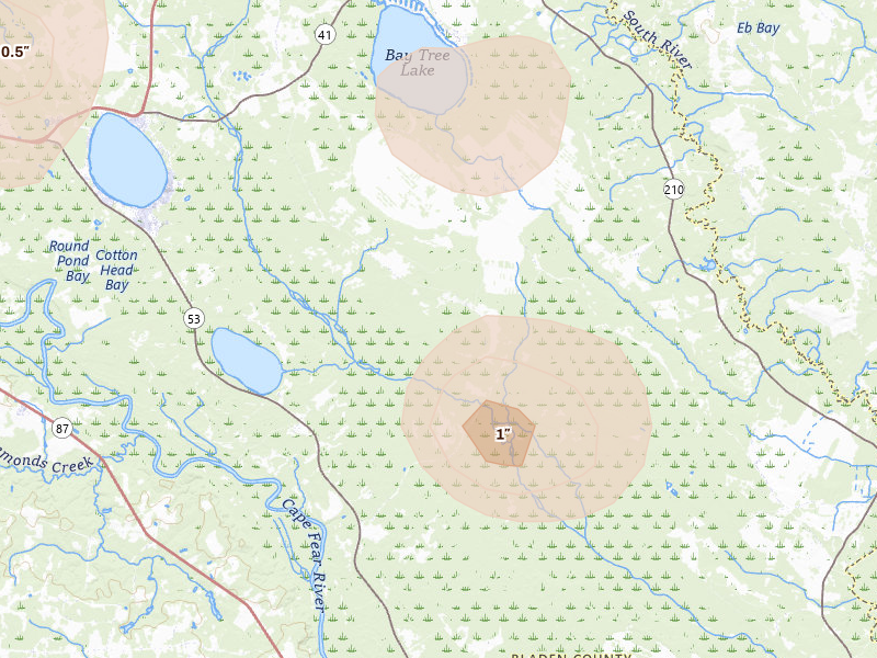 Radar-estimated hail-size map of the storm over Kelly, NC on Aug 11, 2026