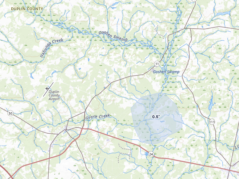 NEXRAD radar-signature map of the hail storm over Kenansville, NC on Jul 7, 2026