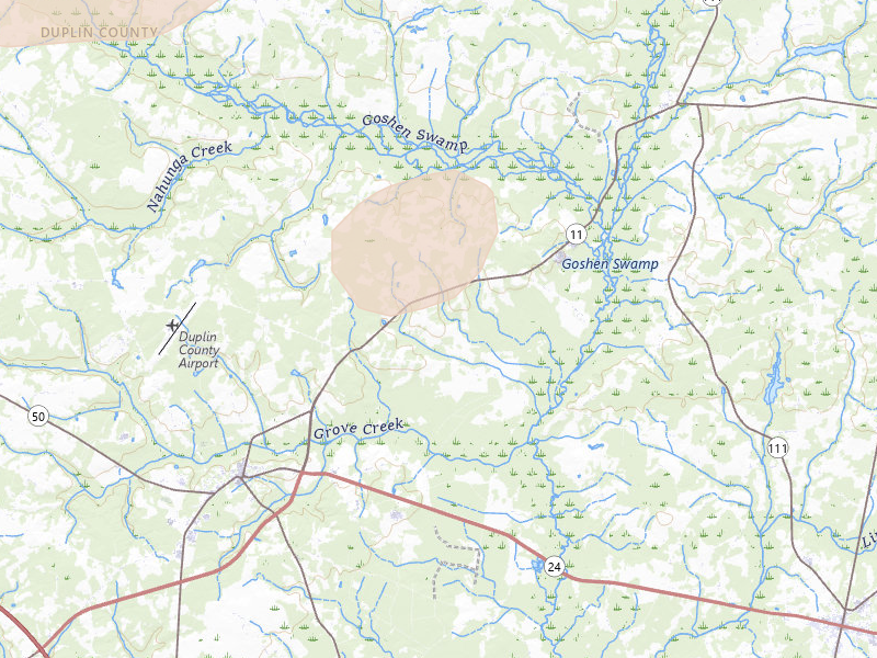 Radar-estimated hail-size map of the storm over Kenansville, NC on Jul 19, 2026