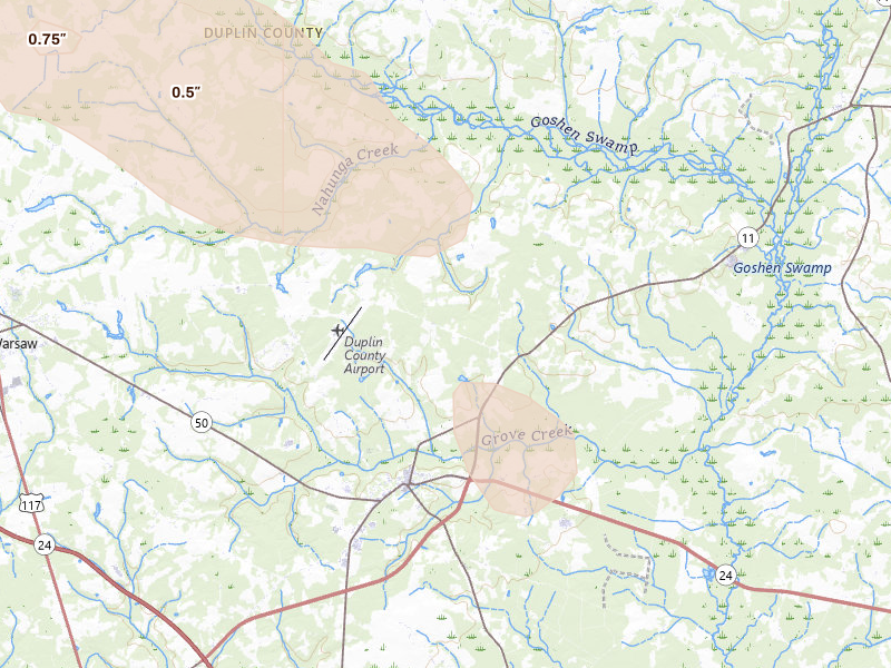 Radar-estimated hail-size map of the storm over Kenansville, NC