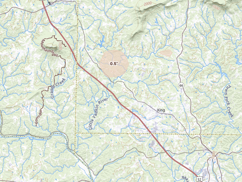 Radar-estimated hail-size map of the storm over King, NC on Jun 18, 2026