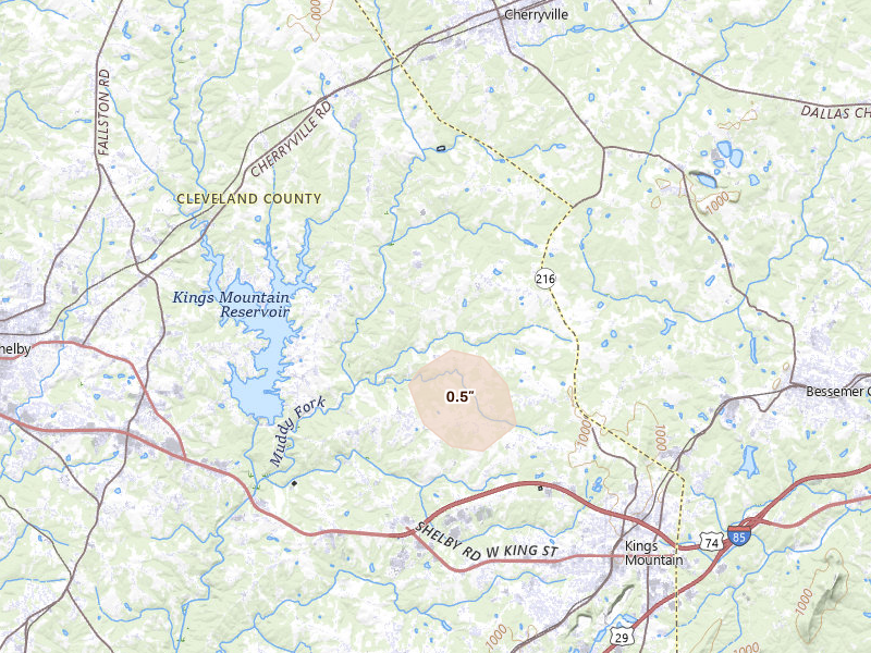 Radar-estimated hail-size map of the storm over Kings Mountain, NC on Jun 1, 2026