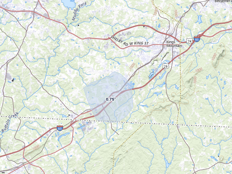 NEXRAD radar-signature map of the hail storm over Kings Mountain, NC on Aug 1, 2026