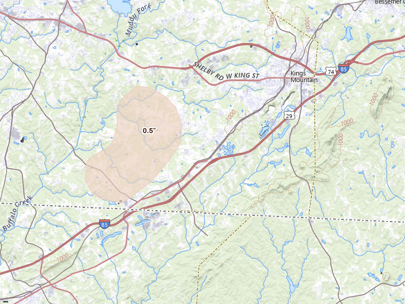 Radar-estimated hail-size map of the storm over Kings Mountain, NC on Aug 11, 2026