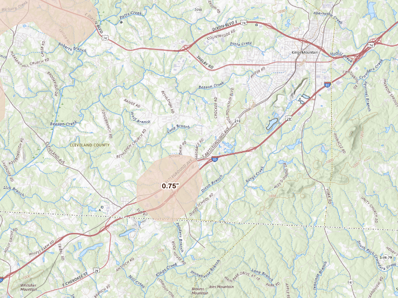 Radar-estimated hail-size map of the storm over Kings Mountain, NC