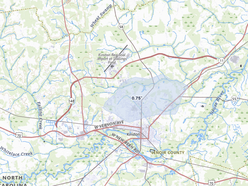 NEXRAD radar-signature map of the hail storm over Kinston, NC on Jun 26, 2026