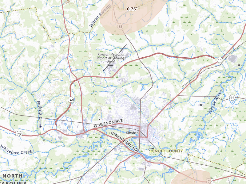 Radar-estimated hail-size map of the storm over Kinston, NC on Jul 6, 2026