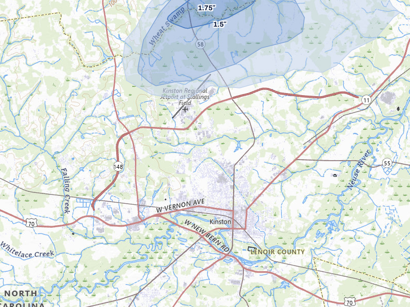 NEXRAD radar-signature map of the hail over Kinston, NC