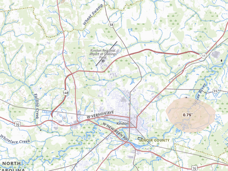 Radar-estimated hail-size map of the storm over Kinston, NC on Jul 7, 2026