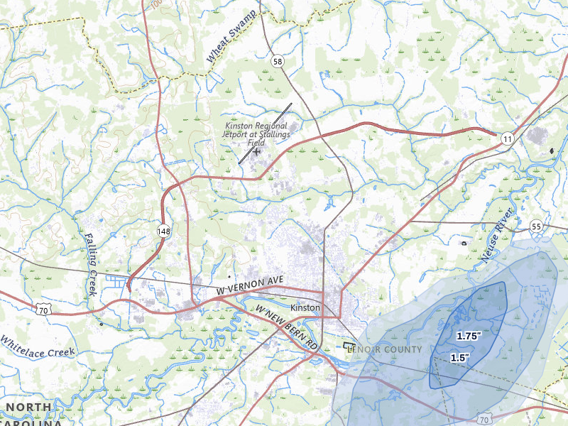 NEXRAD radar-signature map of the hail over Kinston, NC