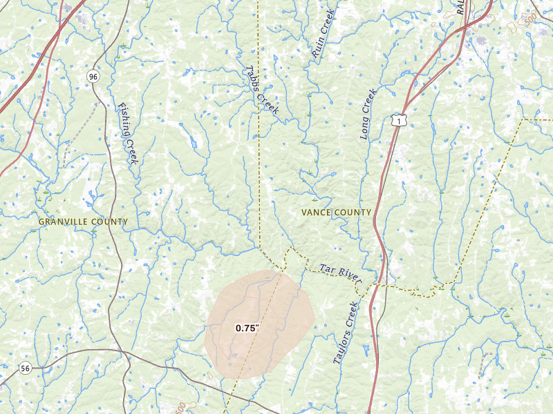 Radar-estimated hail-size map of the storm over Kittrell, NC on Jul 5, 2026