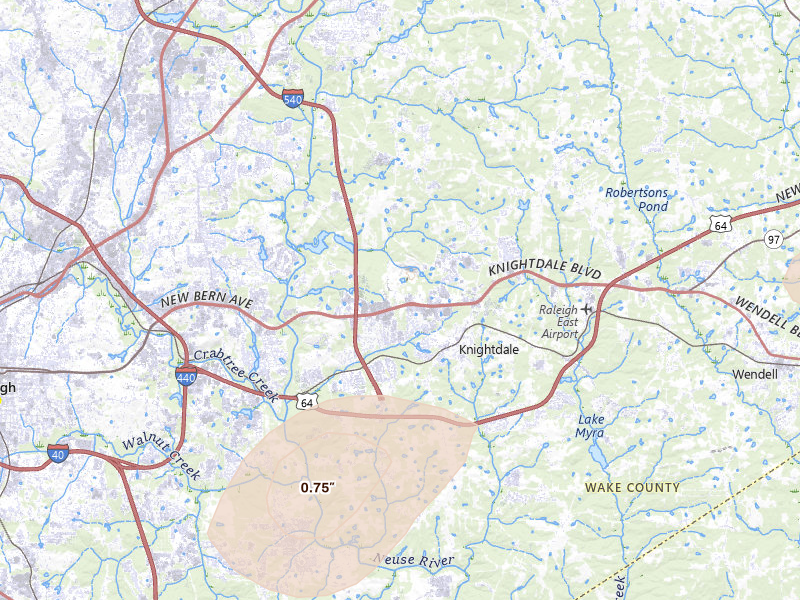 Radar-estimated hail-size map of the storm over Knightdale, NC on Jul 6, 2026